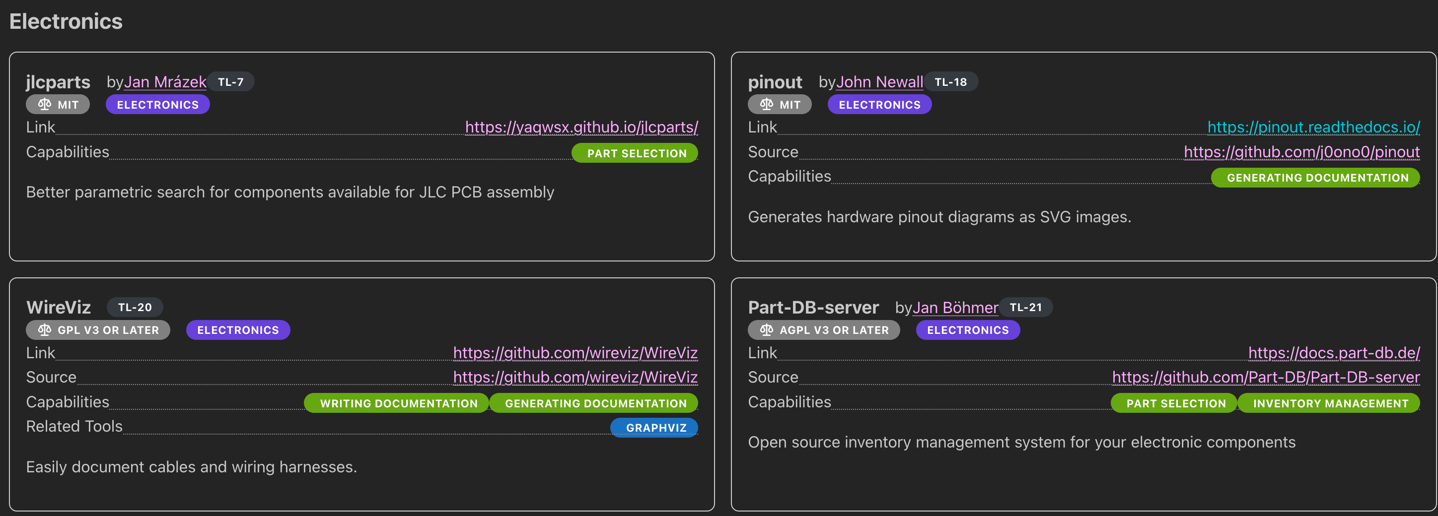 Sample section of tools as of March 2026 showing that tools list the publisher, links to source and website, a short description, the license and possible connections to other tools.